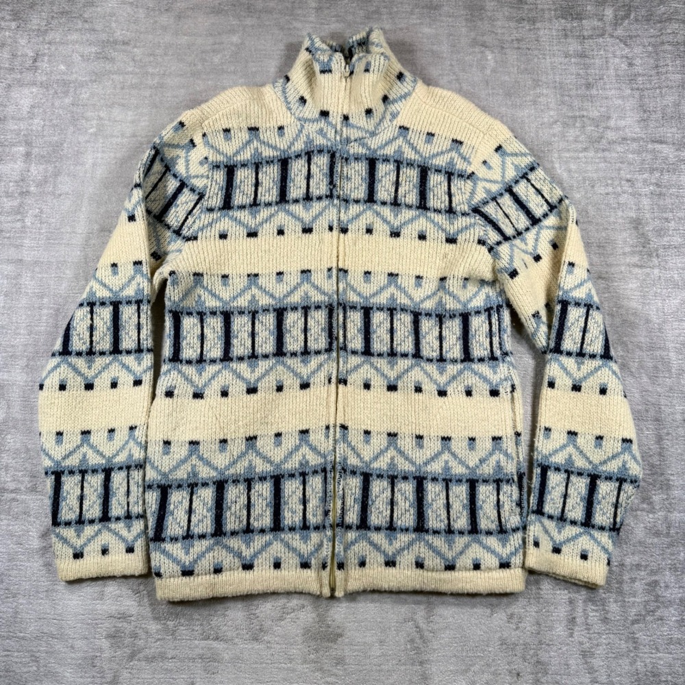 Vtg Tundra Sweater Women Large Cream Wool Zip Up Blue Fair Isle Nordic Canada